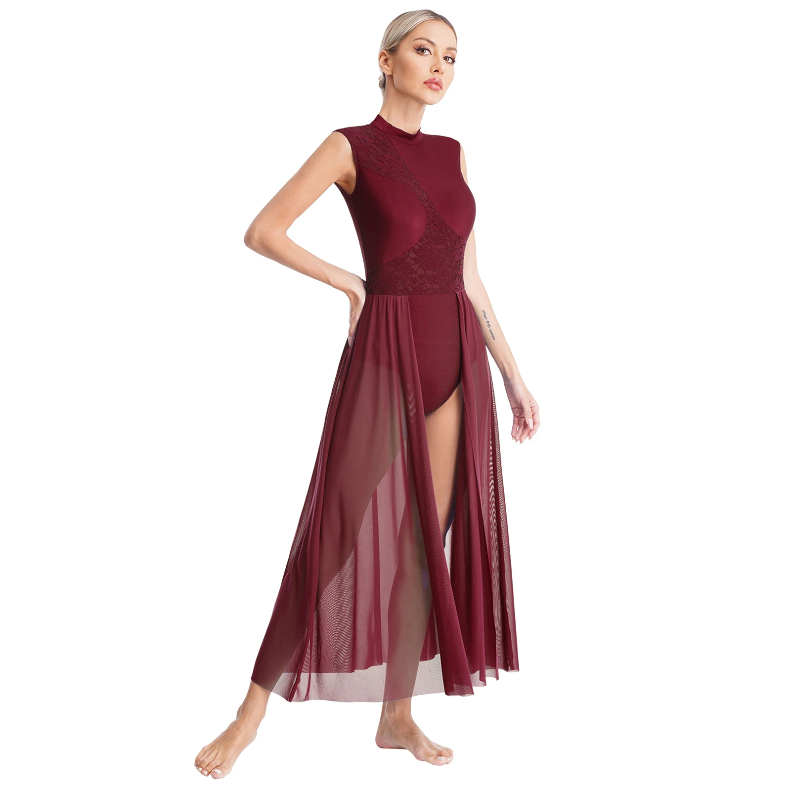 Lyrisches Tanzkleid für Damen, florale Spitze, geteiltes Mesh-Trikot, Ballett, Gymnastik, Skaten, moderne zeitgenössische Performance-Tanzkleidung