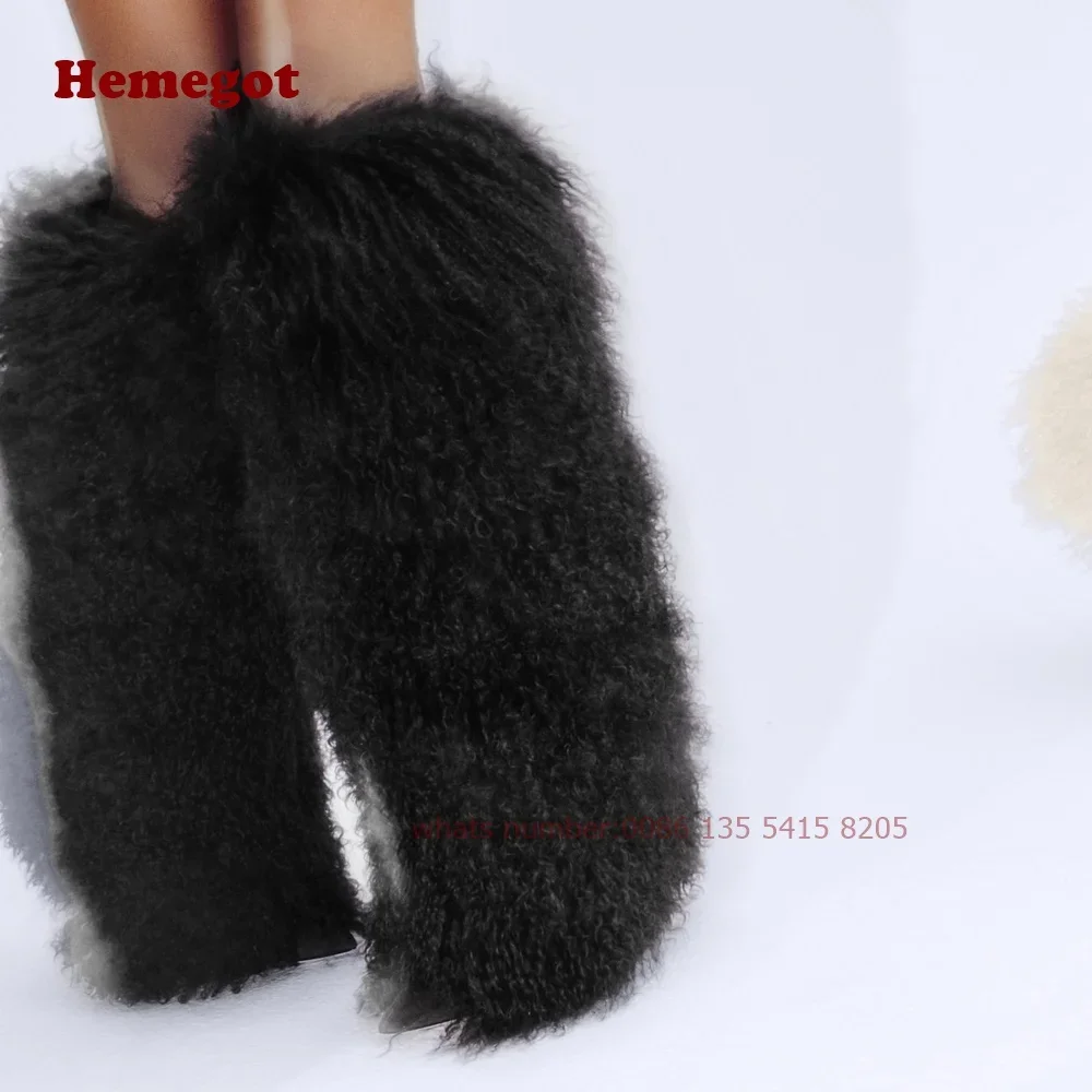 Plush Fluffy Women's Boots Black Mongolian Fur Stiletto Boots Thin High Heels Casual Pointy Toe Solid Elegant Runway Shoes Sexy