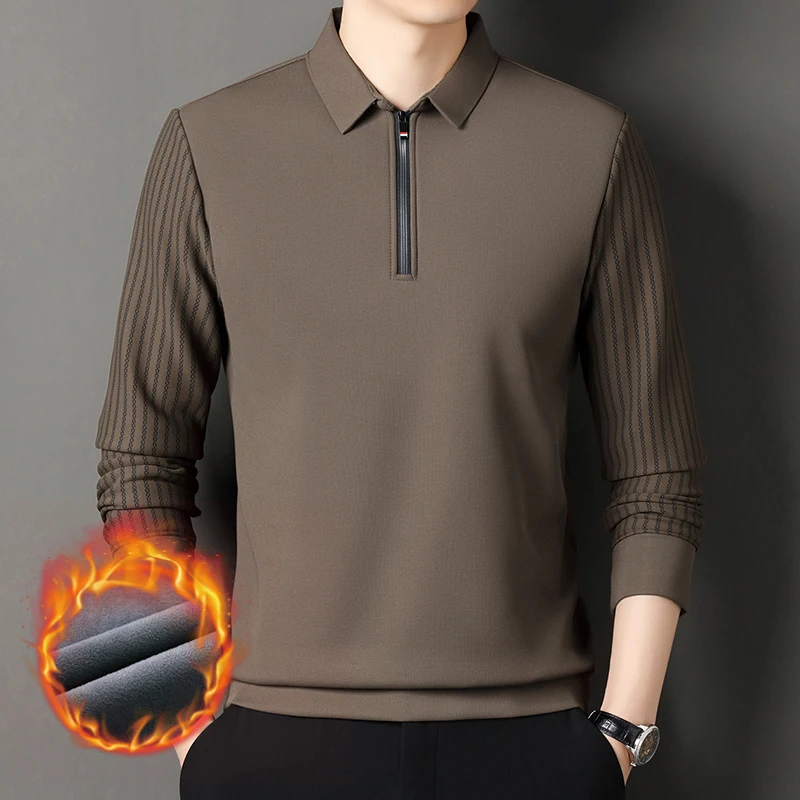 الصلبة اللون طويلة الأكمام SweatShirt الأزياء سستة الرجال بولو الرقبة أعلى القطن بولو طوق طويلة الأكمام الأعمال عارضة قمصان الرجال