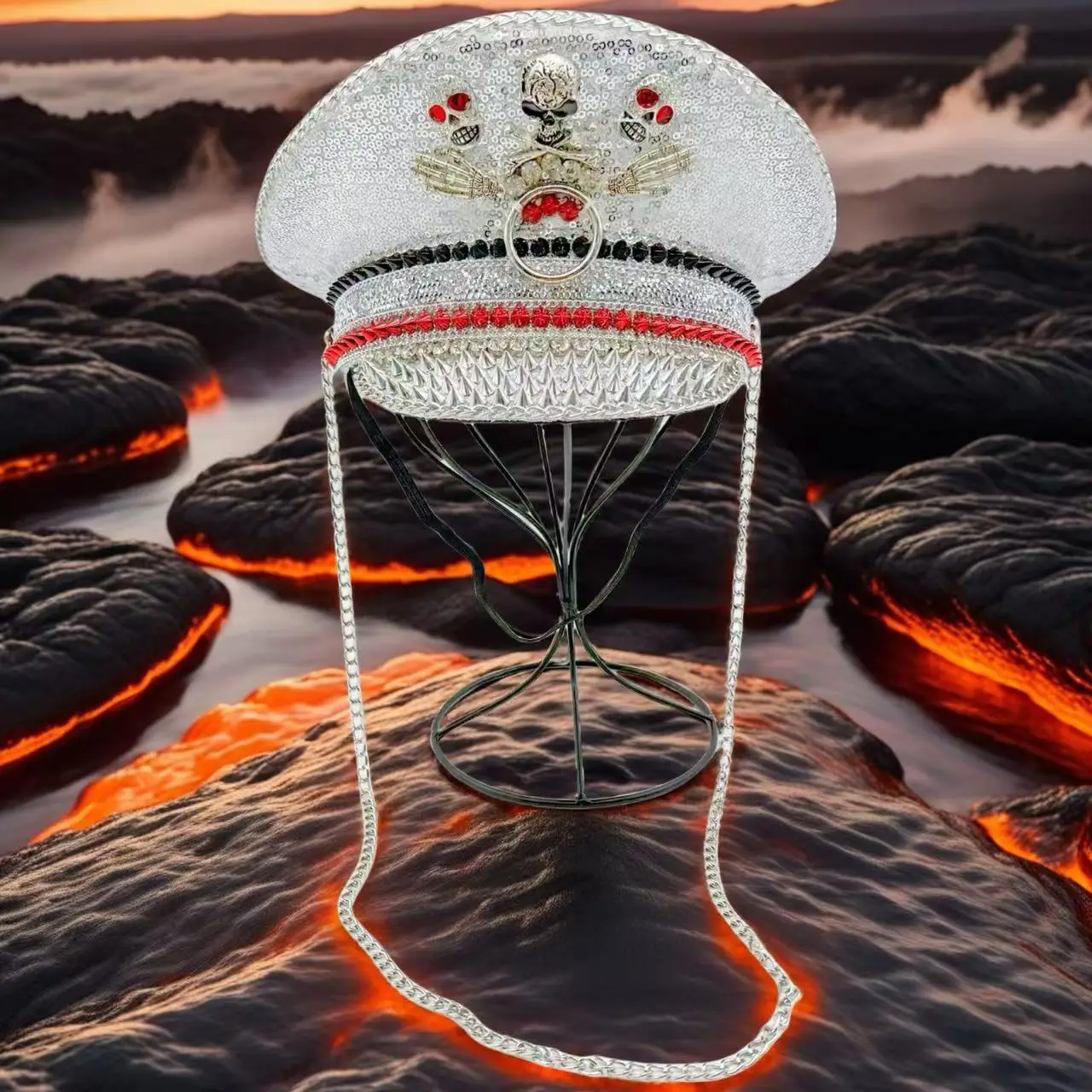 HongLuan Gelber Laser-Leder-Loop-Kapitänshut mit Strasssteinen und Militärkappen für Damen, Rave-Festivals-Accessoires und Partymütze für Herren