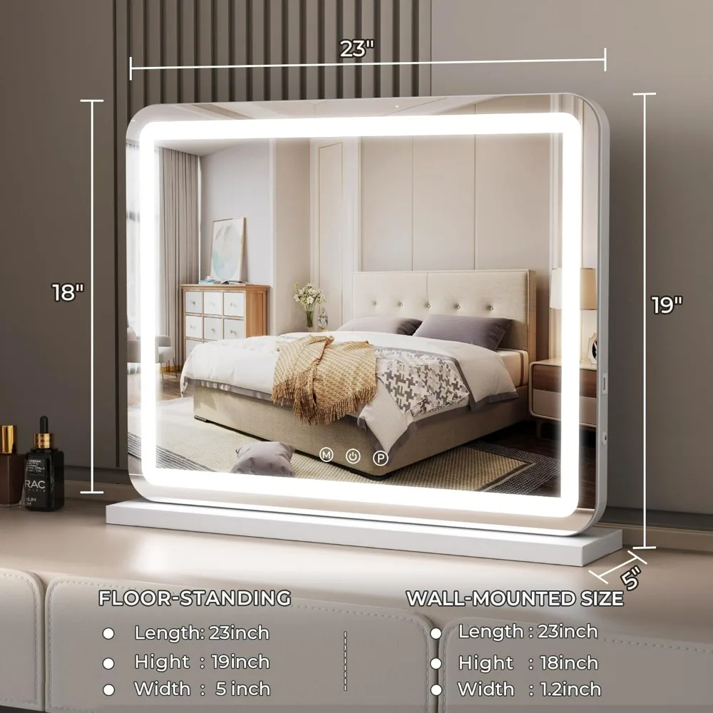 Vanity Mirror With Lights, 23 Inch, Smart Touch Dimmable 3-Color Light, Memory Function, USB Charging Port, And Magnifying Glass