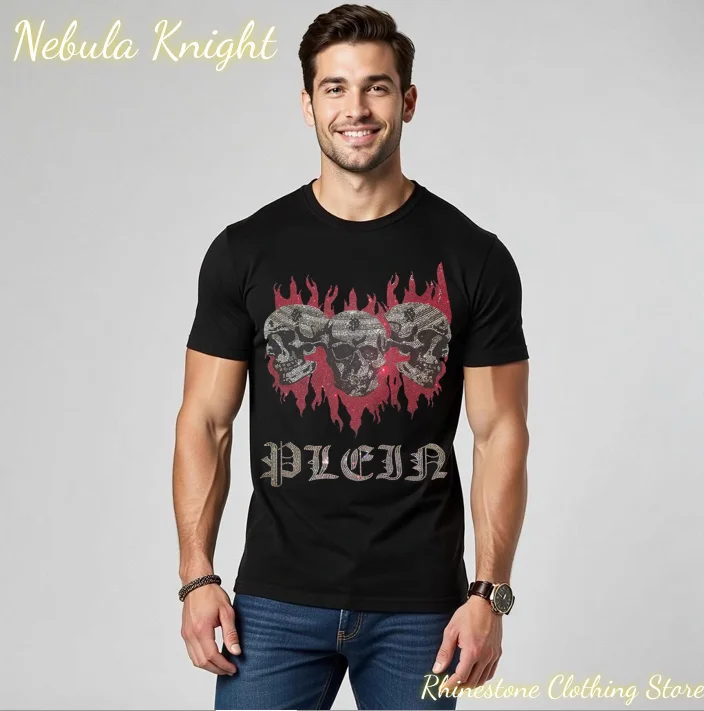 Men Summer Streetwear Casual T-Shirt Pure Cotton O-Neck Short Sleeve Soft Comfort Luxury Crystal Rhinestone Decor Tee