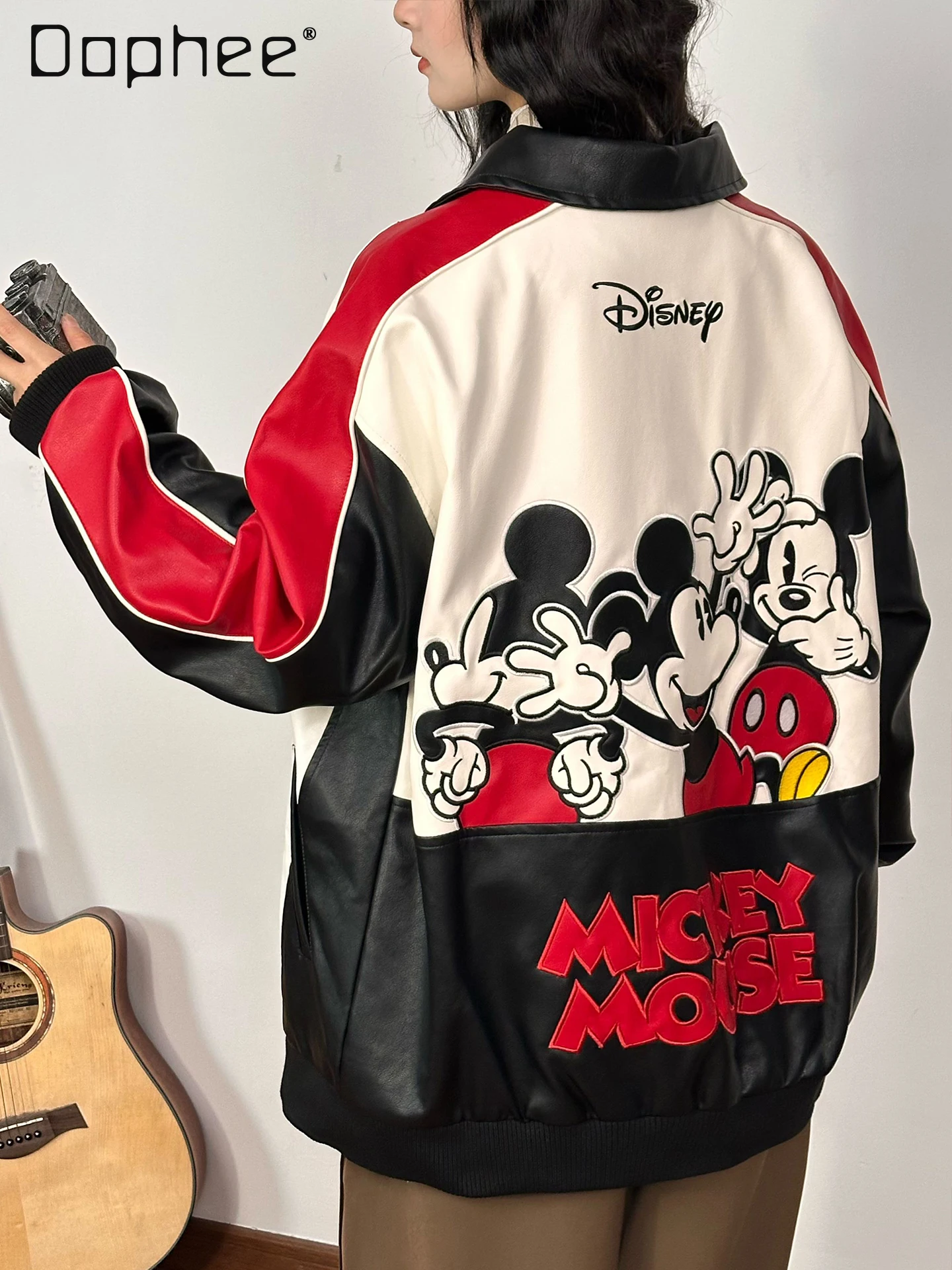 

American Retro Cartoon Embroidery Color-Block PU Leather Jacket for Women Loose Casual Single-Breasted Coat Women Clothing