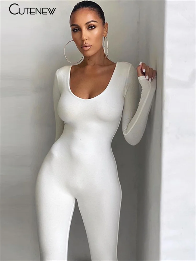 Cutenew Solid Stretchy Bodycon Jumpsuits Women 2023 Casual Slim Skinny Streetwear Active Fitness Sporty One-piece Pants Rompers