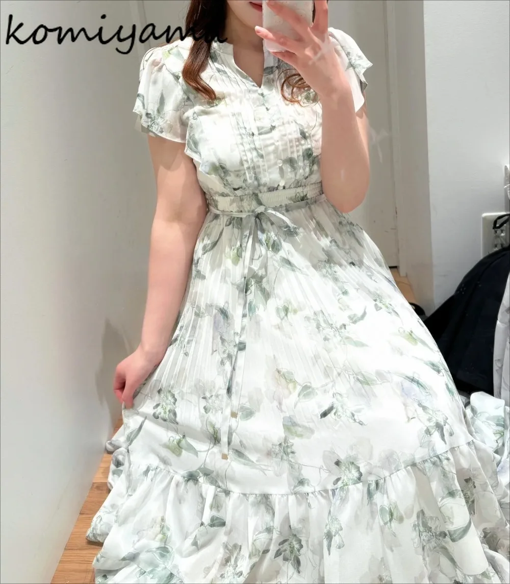 

Pleated Print Vestidos Japanese Flying Sleeve Woman 2025 Dress Lace-up Tunic Dresses Sweet Fresh Robe Summer Ropa De Mujer