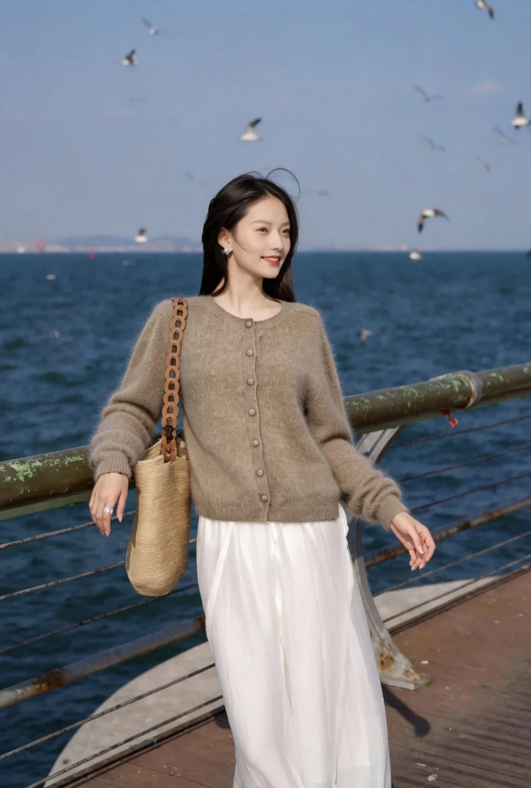 Autumn new wool cashmere brushed round neck versatile sweater cardigan jacket women's base women's clothing