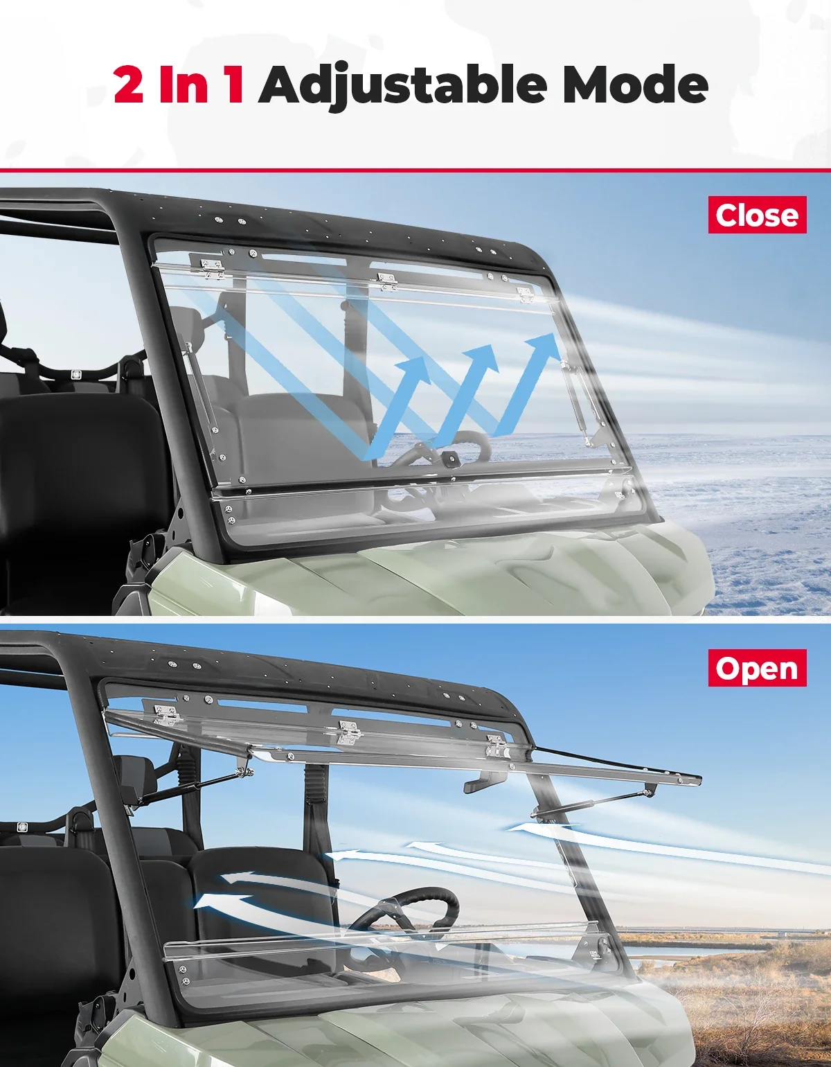 UTV Open Vented Closed 2-in-1 Flip Windshield Compatible with Can-am Defender HD 5/8/10 HD5 HD8 HD10 Max XT Cab 6x6