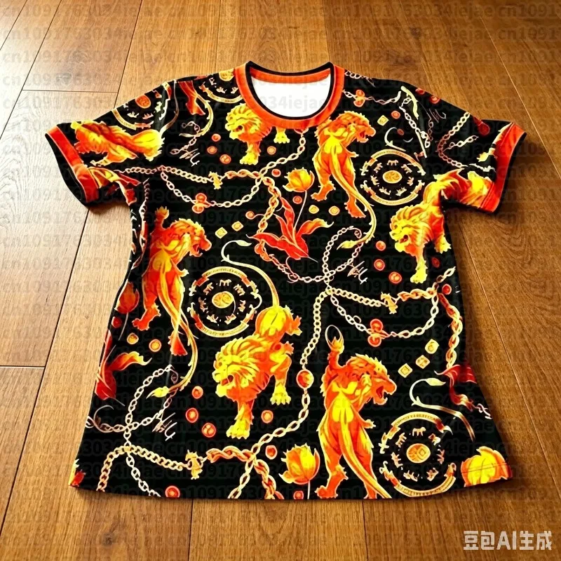 New Modern Baroque Lion Luxurious Print Style Short-Sleeve T-Shirt Summer Hip Hop Y2K Casual Streetwear Top for Men Women Kids