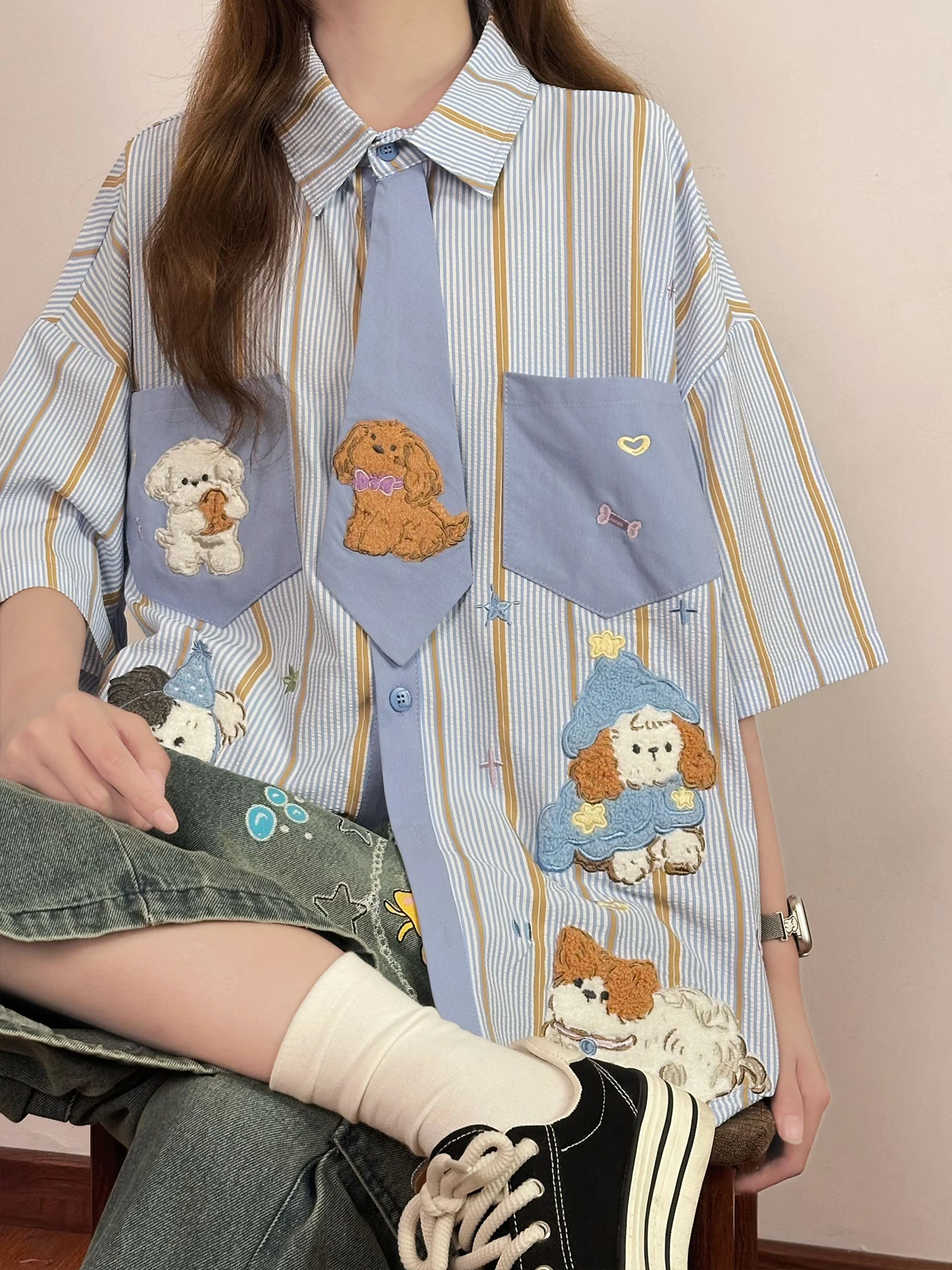 

Original Japanese Sle Fun Dog Embroidery Loose Women's irt ort Sve Summer Trendy Top Street Sle Polyester Fabric
