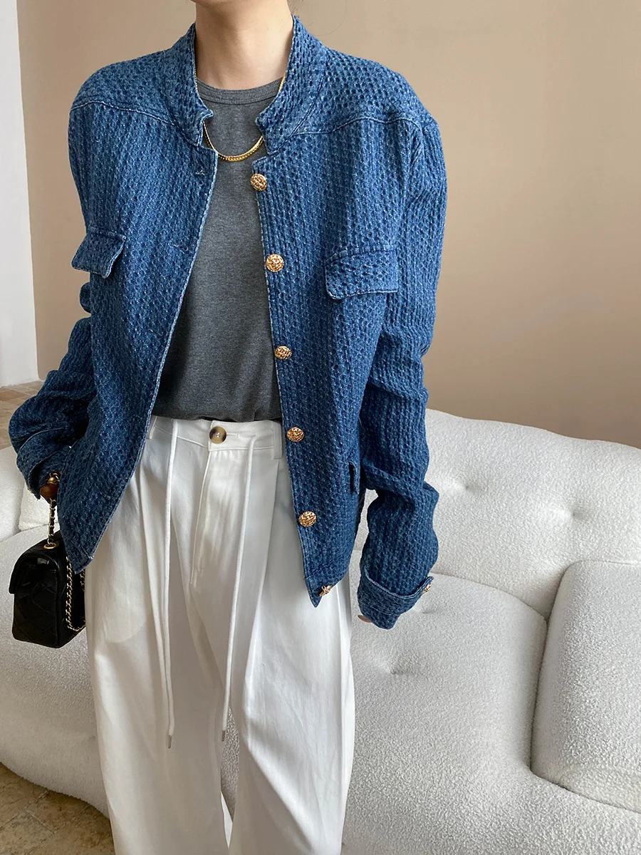 سترة نسائية كاجوال للخريف والشتاء بلون سادة وياقة واقفة وأكمام طويلة فضفاضة من قماش الدنيم