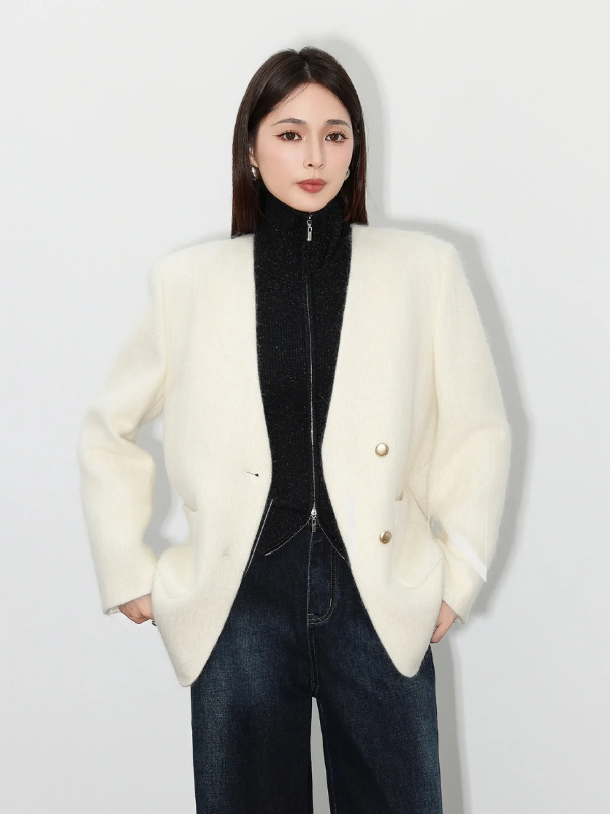 

Elite Women's Woolen Suit Jaet V-Ne Winter Outerwear Faionable Commute Sle Long Sve Straight Cut Profional
