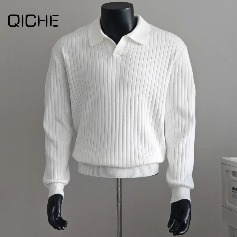 QICHE Men Old Money Style Polo Knit Sweater, Lapel Seagull Collar V Neck Long Sleeve Knit Top for Autumn Winter