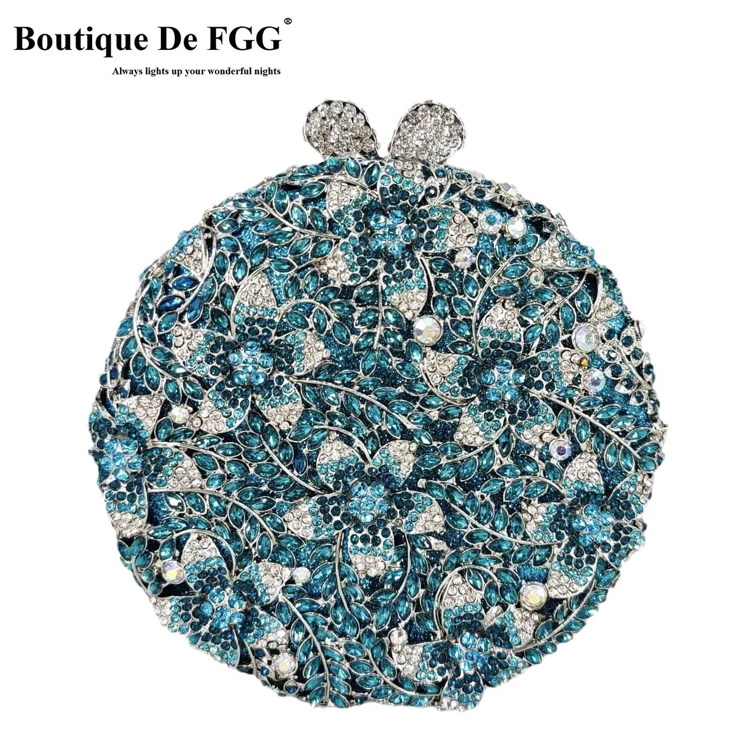 Boutique De FGG Light Blue Saphire Flower Crystal Evening Bags for Women Wedding Party Rhinestone Handbags Bridal Clutch Bag