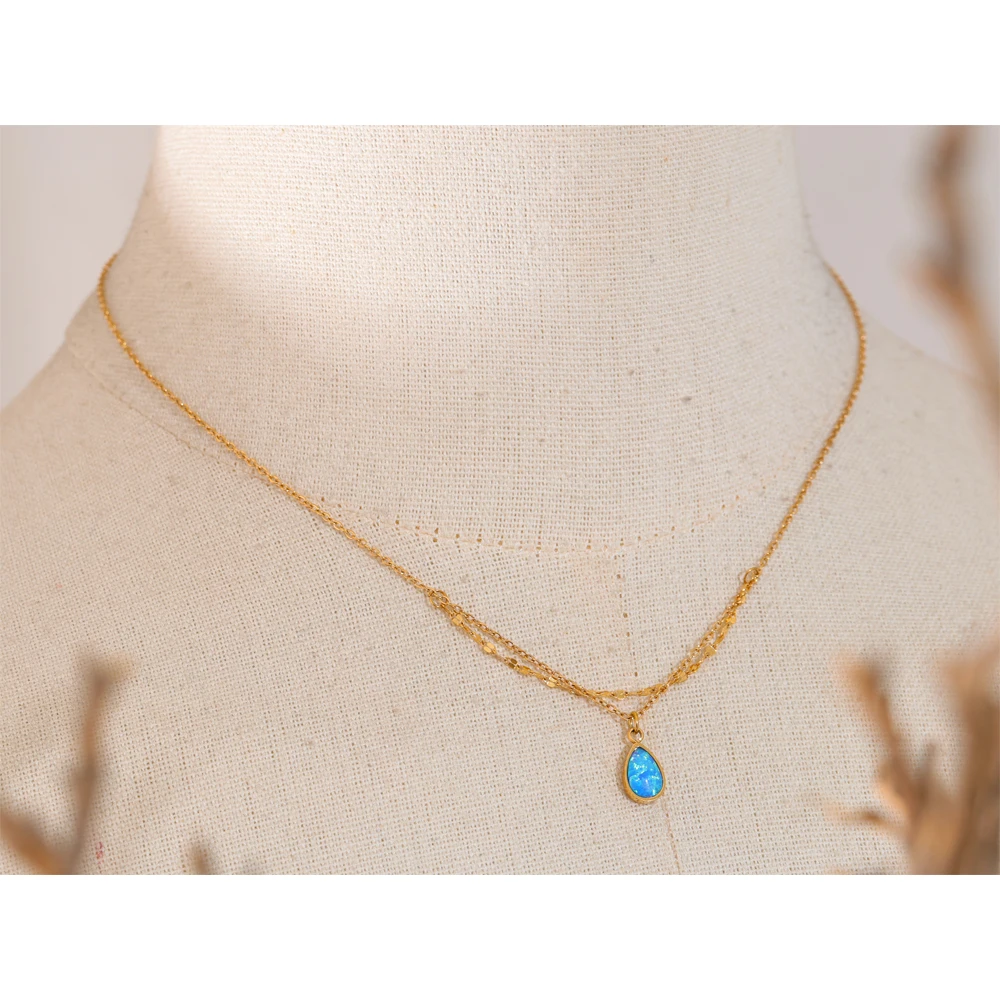 Yhpup Exquisite Blue Opal Artificial Stone Pendant Double-layered Chain Stacking Necklace Stainless Steel Stylish Jewelry Gift