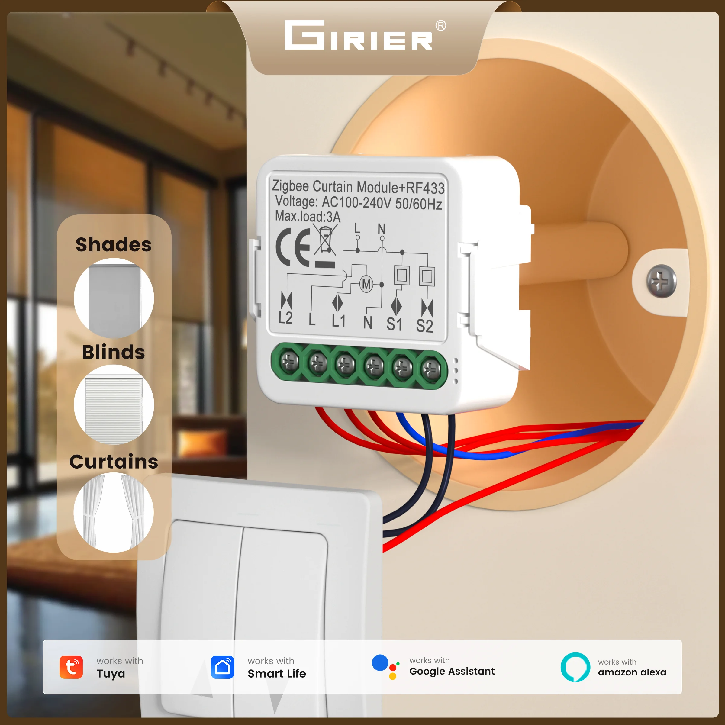 GIRIER Tuya ZigBee Smart RF433 Vorhangschalter-Modul für Rolladen-Elektromotor Unterstützt APP-Zeitsteuerung Kompatibel mit Alexa