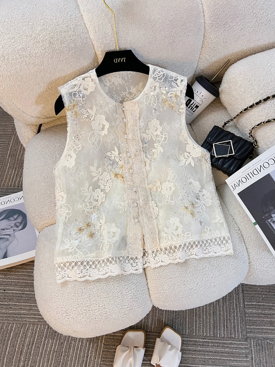 

Новый китайский дизайн с блестками, тяжелый кружевной жилет с вышивкой, круглый жилет на одной пуговице, костюм Тан в национальном стиле, топ, женский фа...