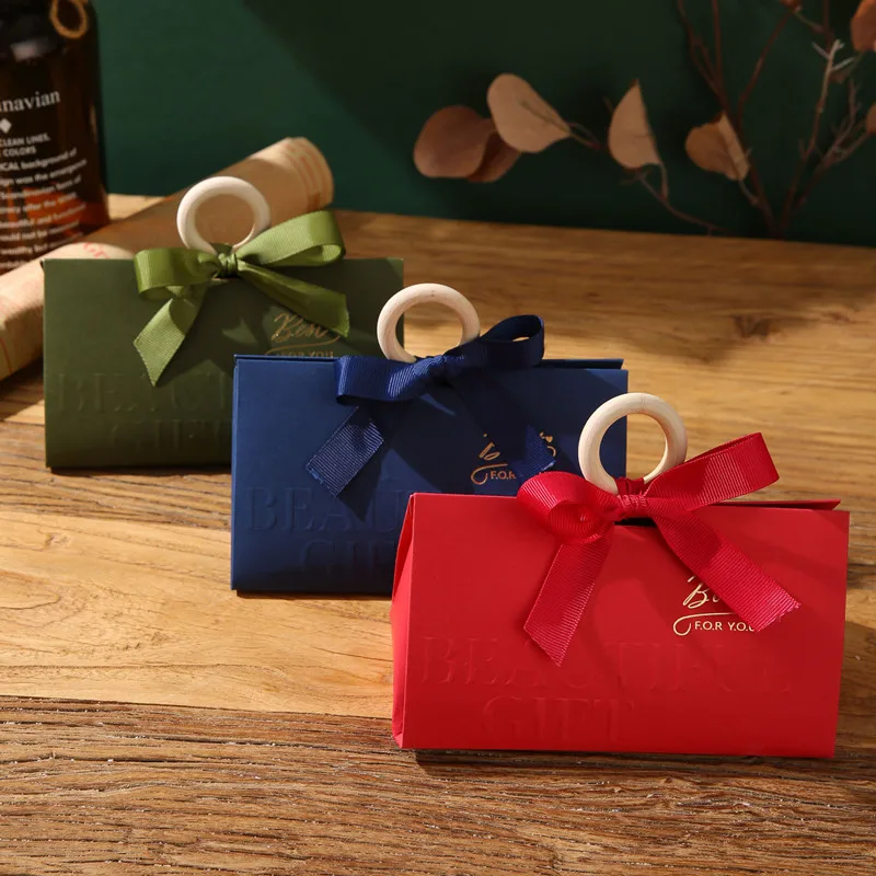 

10/20pcs Triangle Wedding Candy Gift Box Simple Ribbon Bow Creative Wooden Ring Portable Gift Box Baby Shower Birthday Party