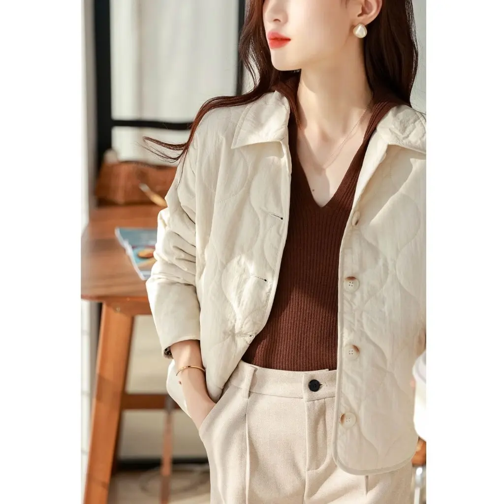 

Женская легкая пуховая хлопковая куртка с лацканами, прямая короткая тыква с цветочным узором на осень-зиму, модный универсальный стиль