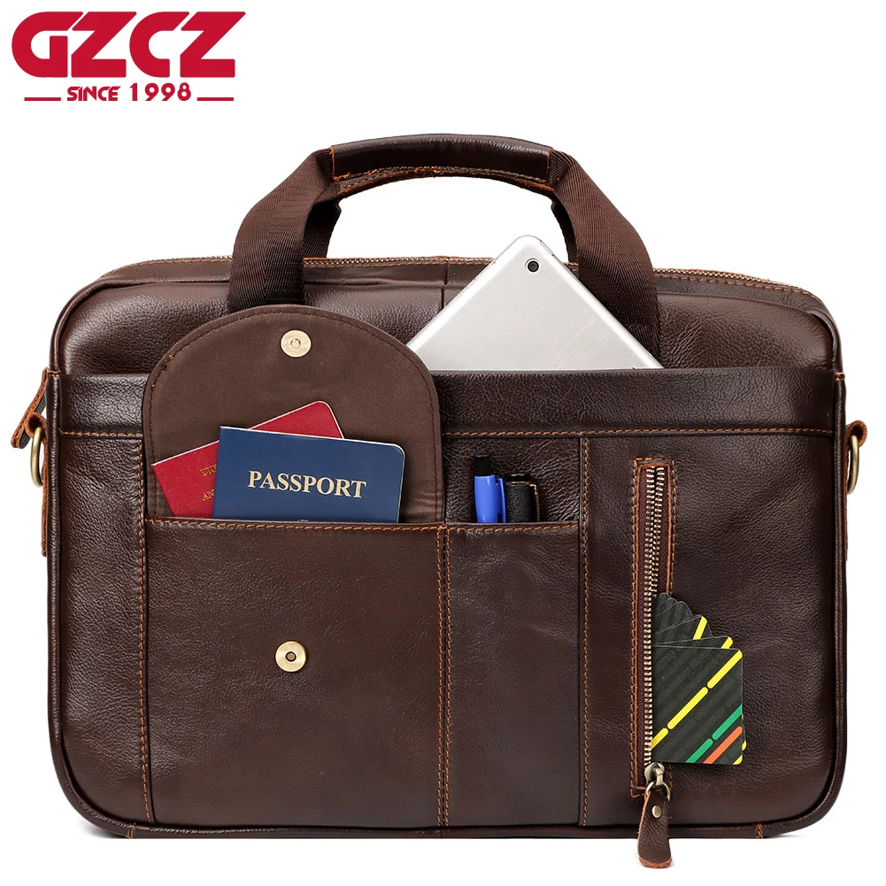 GZCZ Genuine Leather Men's Briefcase Fashion Top Layer Leather Laptop Bag With Multiple Compartments Business Shoulder Messenger