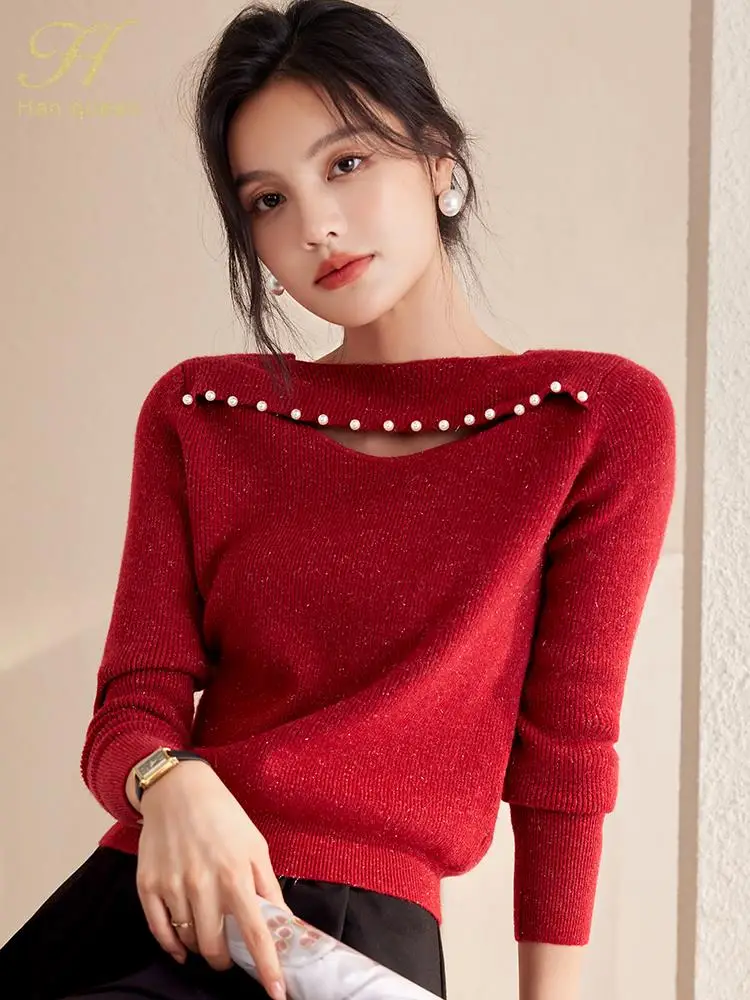 H Han Queen Simple Winter Elegant Hollow Out Beading Pullovers Sweaters Womens New Korean Loose Casual Vintage Office Tops