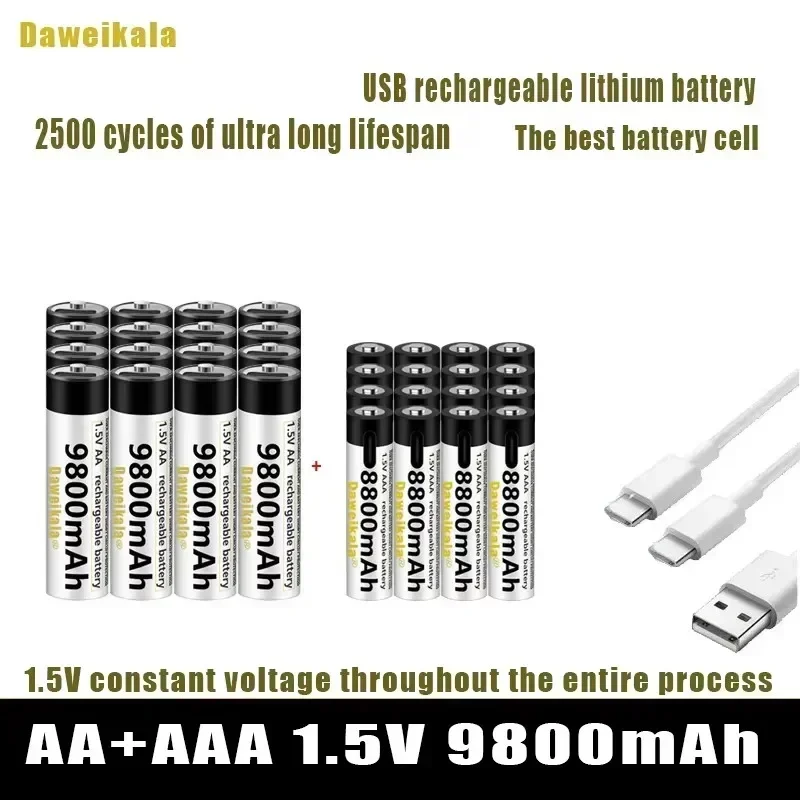 Batería recargable USB AA + AAA de 1,5 V, baterías de iones de litio AA 9800mAh/AAA 8800mAh para juguetes, reloj, reproductor MP3, termómetro + Cable