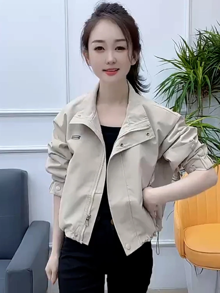 

Корейский дизайн, весна-осень, женская свободная ветровка с воротником-стойкой и завязками, модная повседневная модель