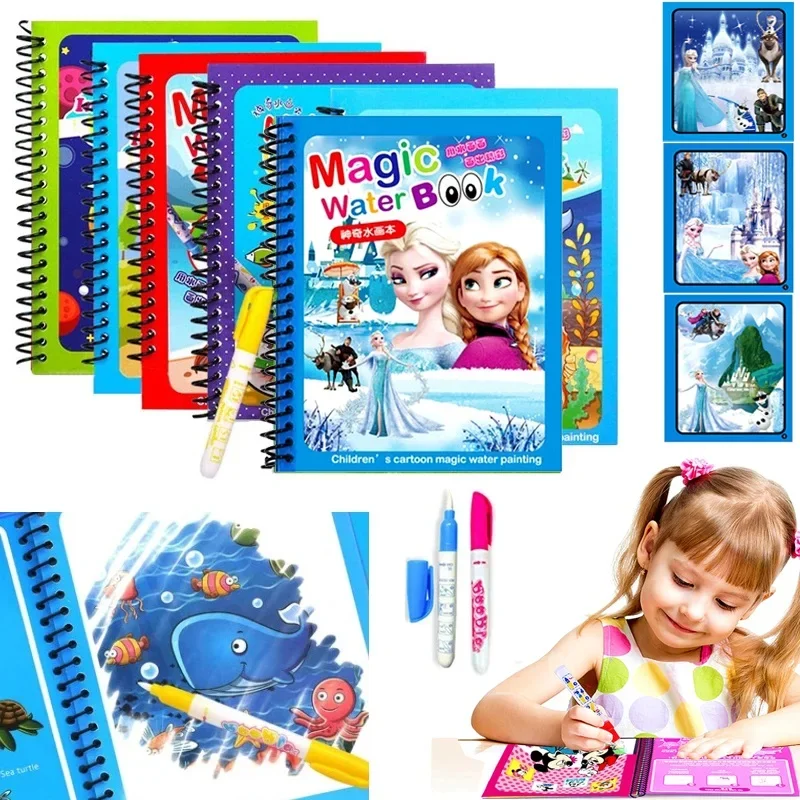 Disney Mickey Mouse Frozen Montessori MagicWater Pen Drawing Book Coloring Book Doodle Painting Board For Kids Toy Birthday Gift