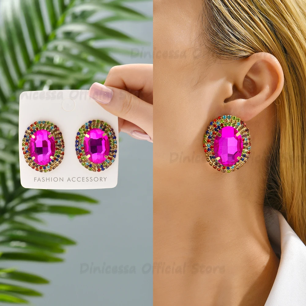 Vintage Charm Sparkly Glass Crystal Big Stud Earrings For Women Luxury Design  Unique Female Holiday Statement Y2k Jewelry Gift