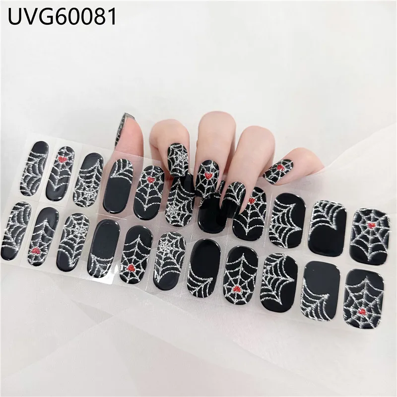 1 Sheet Gel Nail Strips Patch Sliders Adhesive Halloween Gel Nail Wraps Spider Pumpkin Gel Slider Decal Skull Head UV Lamp Need