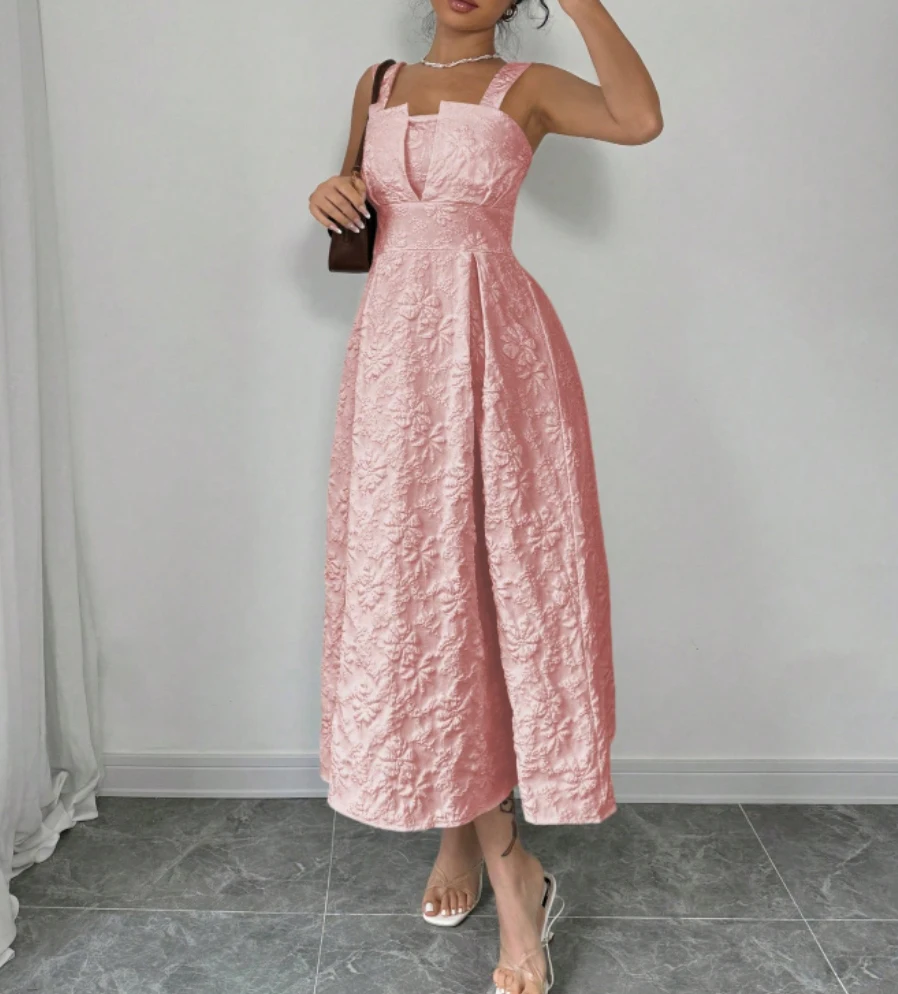 Women's Blush Pink Square Neck Cutout Wide Strap Jacquard Fit & Flare Midi Dress Spring Summer Elegant Sweet Daily Party Dress