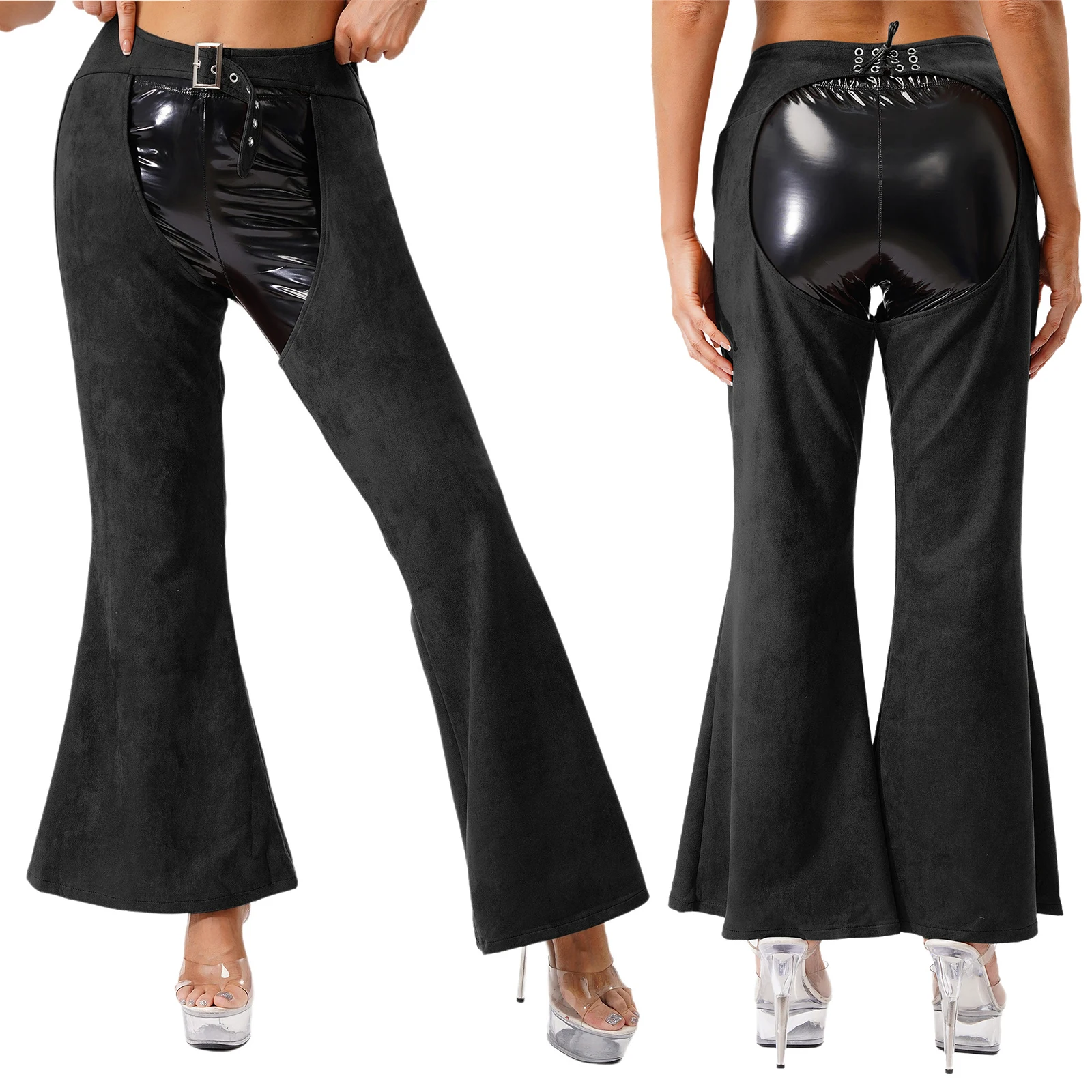 

Women Fashion Disco Party Hippie Dance Chaps Pants Crotch Hollow Out Cowboy Biker Pants Trousers for Riding Motorcycle Party