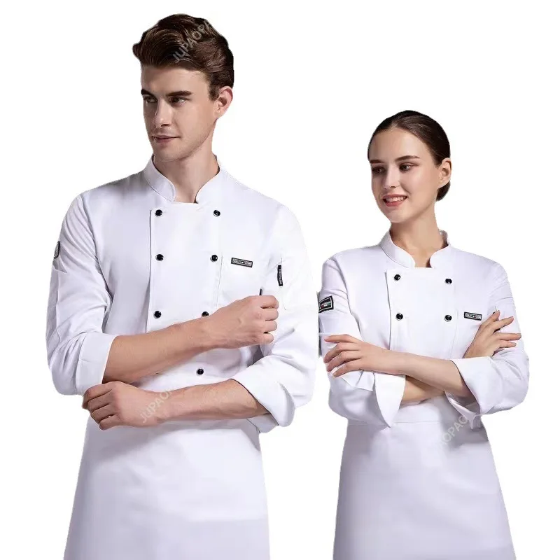 Camisa de chef de manga comprida para homens e mulheres, uniforme trespassado, roupa de restaurante, botões monocromáticos, outono, 2024