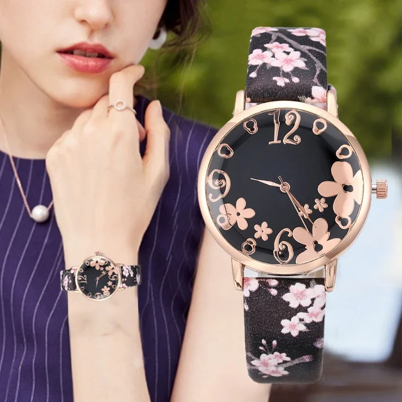 Ladies Watches Colorful Flowers Women's Watches Printed Belt Quartz Wristwatches for Girls Casual Clock Gift Relogios Feminino