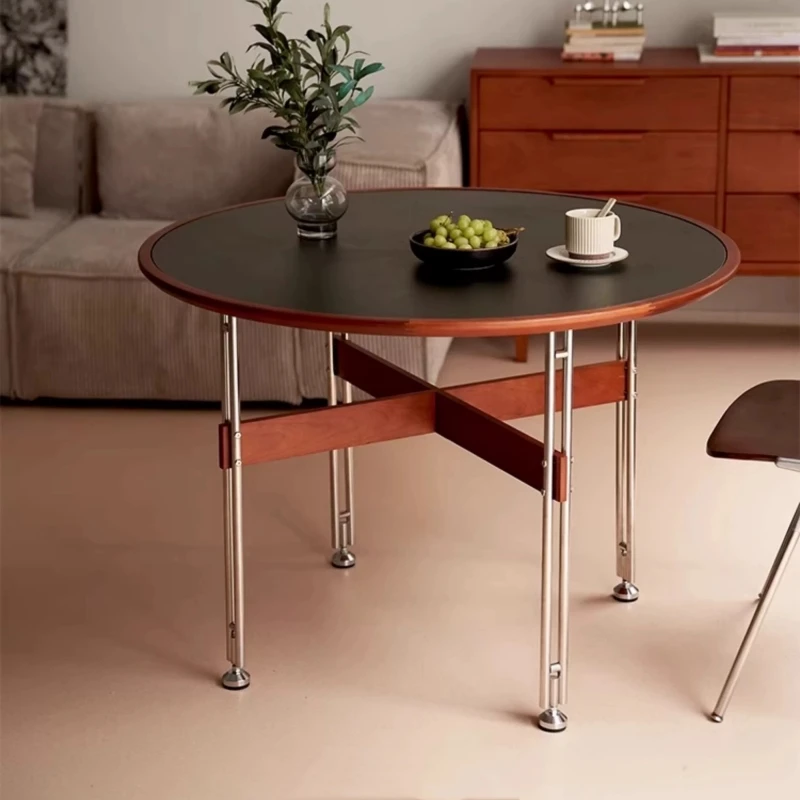 Meja makan batu alam abad pertengahan, meja bundar kayu solid retro, rumah tangga apartemen kecil, mewah ringan, kreatif minimalis, stainless steel