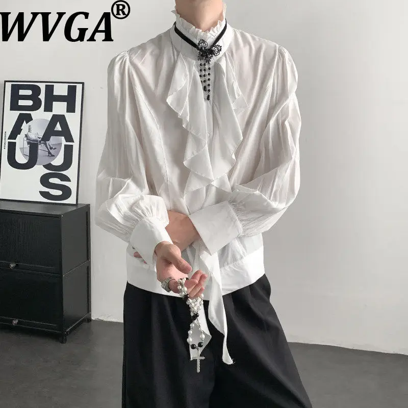 WVGA Spring Auumn New Men Trendy Waist-Cinching Ruffled Hem Flowing Long Sleeve Shirt Niche Chic Casual Stand Collar Tops W18412