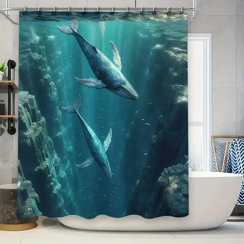 Rideau de douche baleine imprimé en 3D, décoration de bain imperméable, tige en plastique, Kit de crochet supérieur pour salle de bain, remodelage, décoration de maison, Ocea bleue