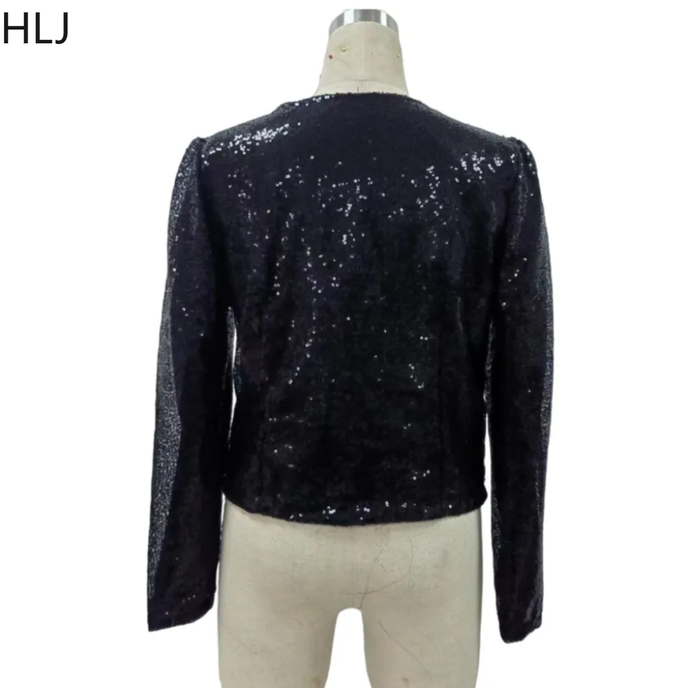 HLJ Fashion Sequin Stand Collar Splicing Crop Coats Women Sparkling Long Sleeve Slim Party Club Jacket Female Solid Matching Top