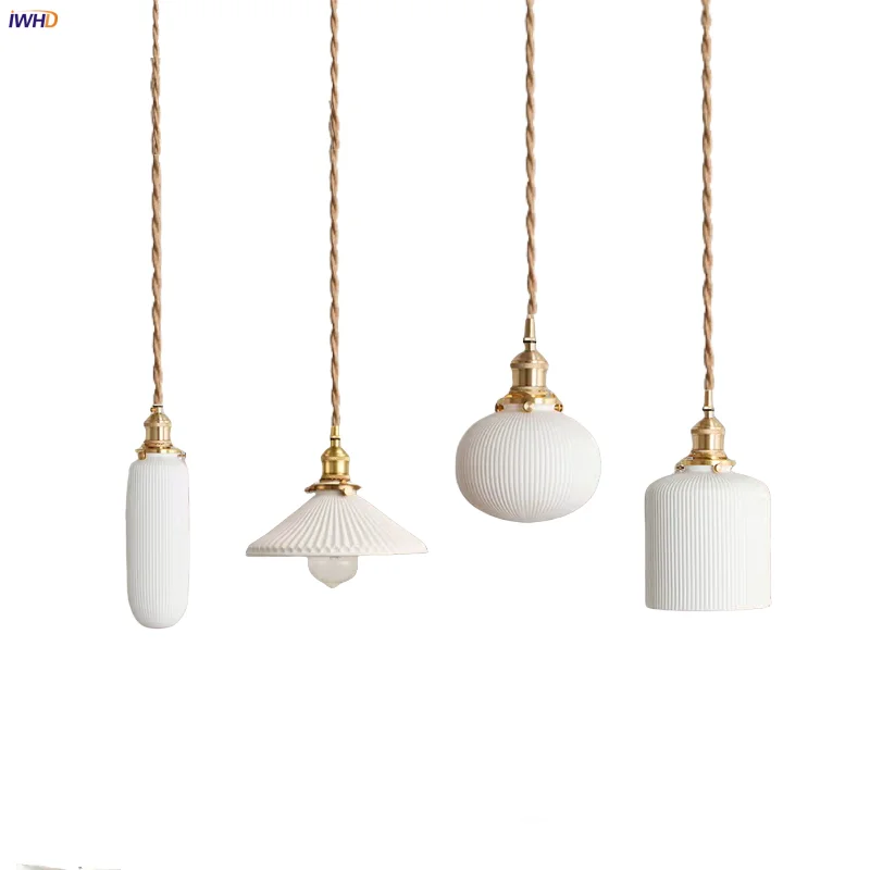 

IWHD White Ceramic LED Pendant Light Fixture Hallway Porch Dining Room Nordic Modern Simple Wire Adjustable Hanging Lamp Lampara
