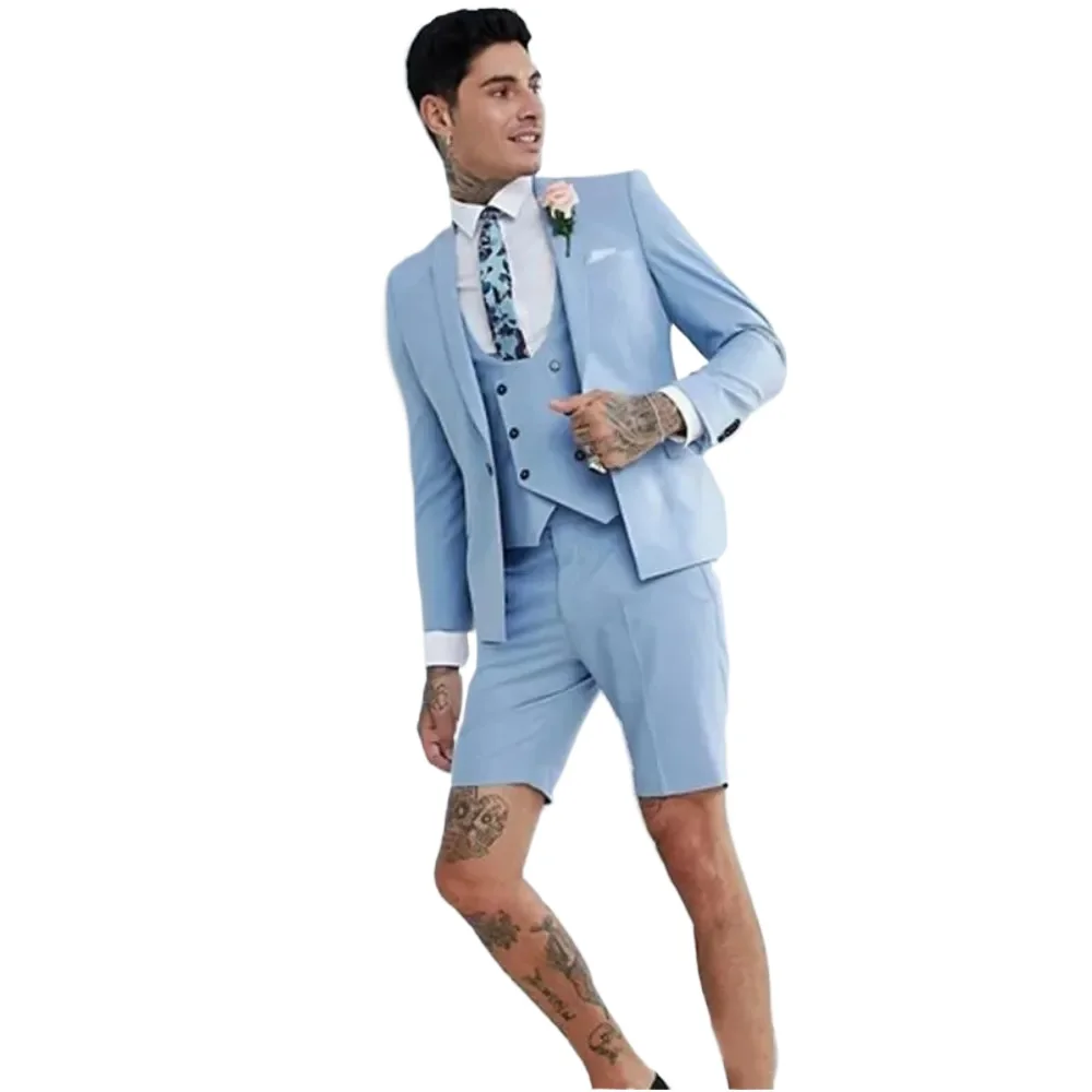 SILIWEYA Summer Mens Suits Shorts Notched Lapel Groom Wear Tuxedos Slim Fit Office Casual Chic Beach Blazer 3 Piece Set Cotton