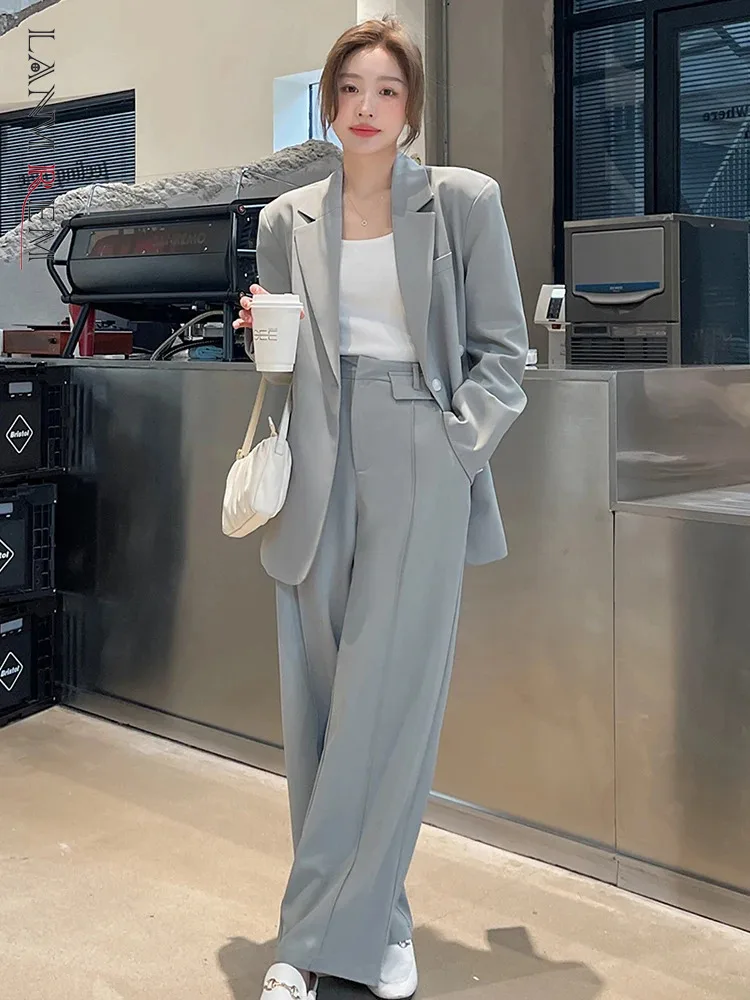 LANMRE Casual Two-piece Set Women Notched Single Button Back Split Blazer With Loose Pants Versatile 2024 Fashion New M2Z1453