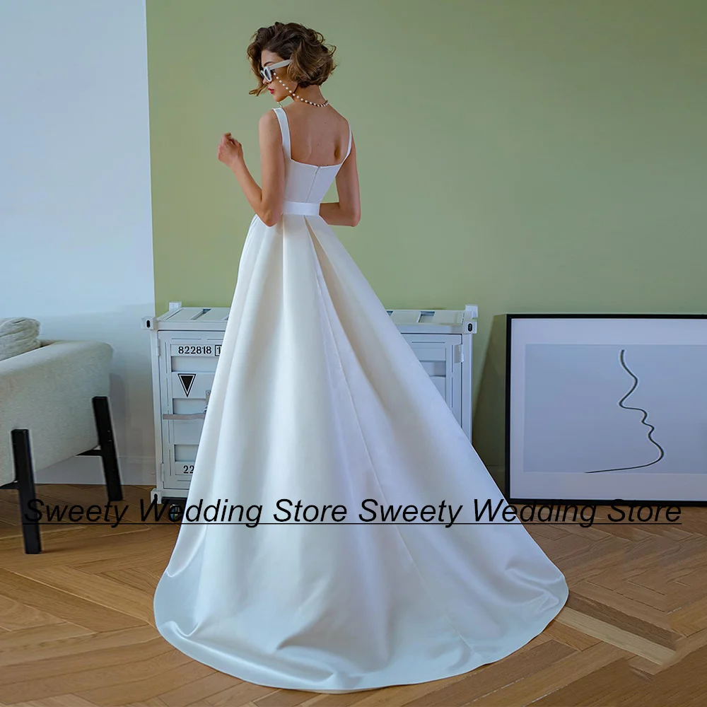 Jiayigong Modern Satin Wedding Dress Square Neck Sleeveless Sweep Train Backless A Line Simple Bridal Dresses Vestido De Noiva