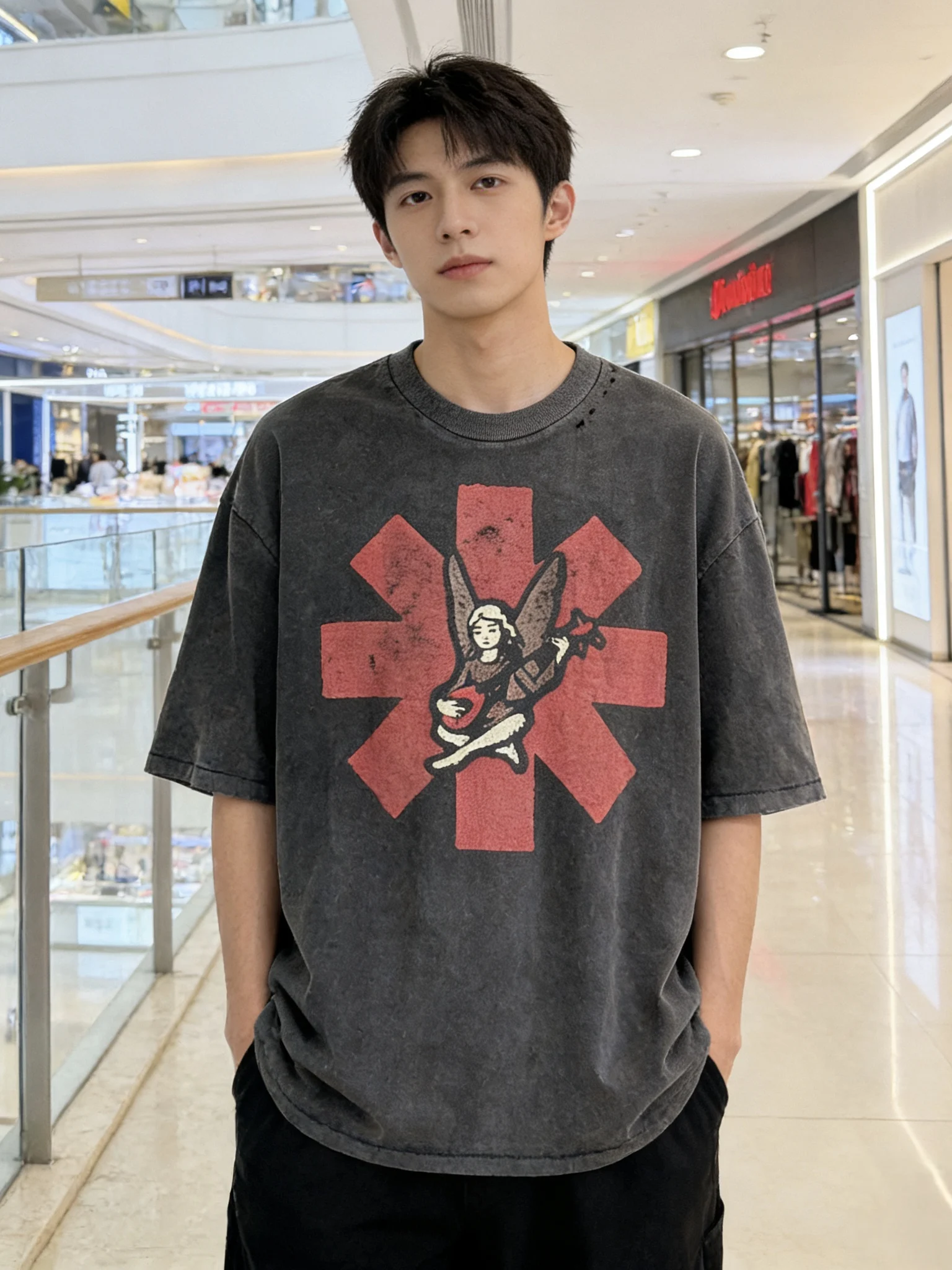  American Style High Street Washed Vintage Hole Short Sleeve T-Shirt Breathable Comfortable Cotton Unisex