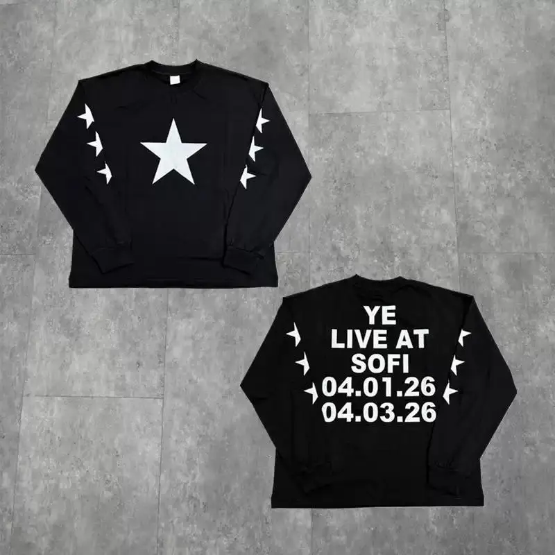 

Kanye West Long Sleeve T-Shirt High Street Vintage Five-Pointed Star Letter Front & Back Print Men Women Fashion Versatile Top