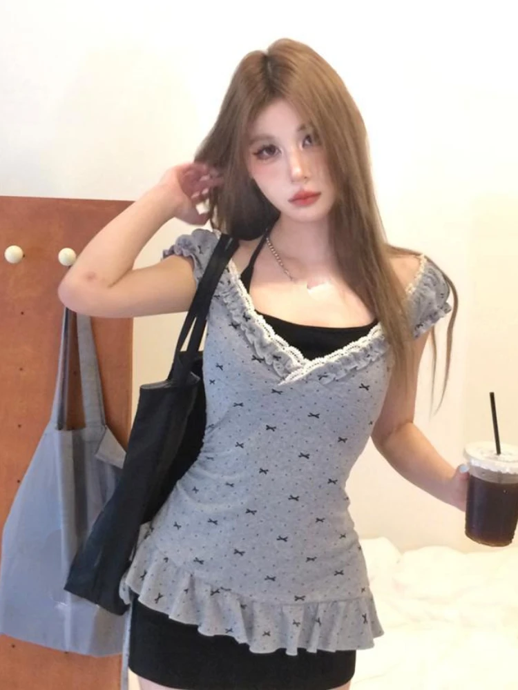 Two Peices Set Streetwear Lace Patchwork Print Dress + Black Halter Women Y2k Aesthetic Mini Dresses Harajuku Summer Slim Suit