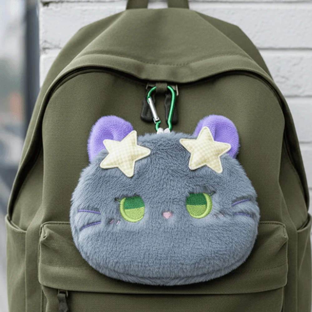 Star Decor Cat Coin Purse Compact Size Zipper Closure Mini Wallet Faux Fur Cute Embroidery Cartoon Animal Pouch Holiday Party
