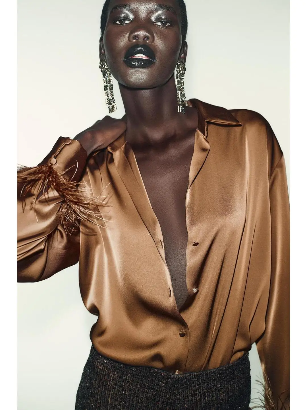 

Ele Long Sve Satin Feel irt with Feather Trim French Sle Straight Cut Women's Premium irt Autumn Winter Collection