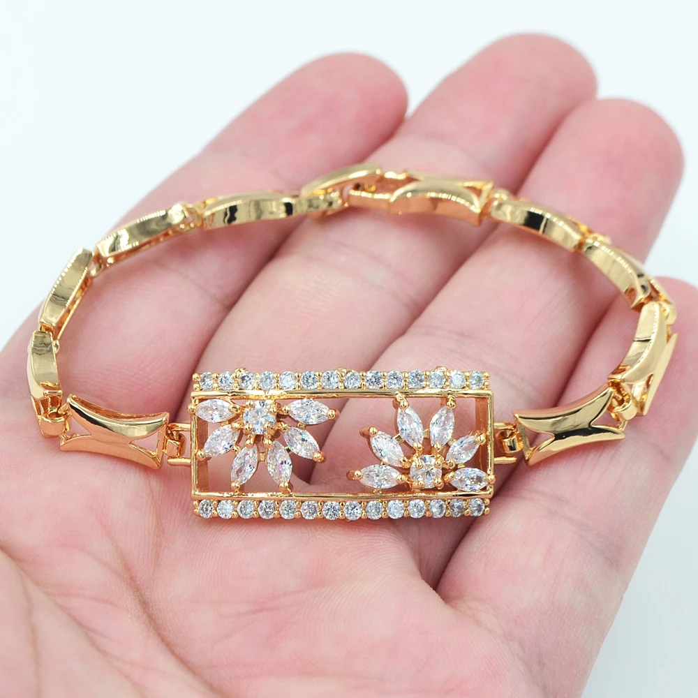 Fashion Gold Color Multicolor Zircon Geometric Square CZ Flower Charm Bracelet Jewelry