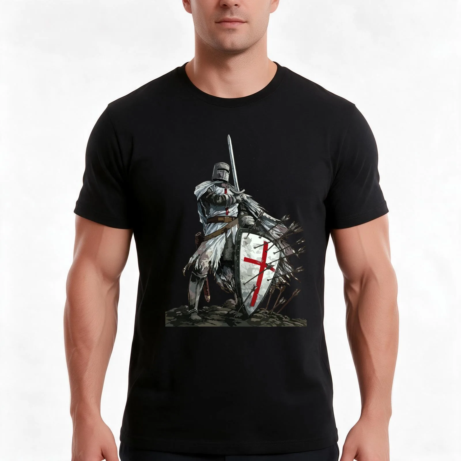 Templar Shield Cross Medieval Warrior Sword Knights Templar Armor Helmet Emblem T-Shirt, Summer Casual Cotton Tee, 100% Cotton