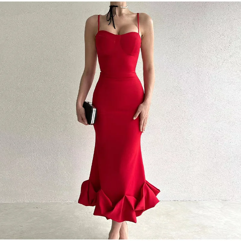 Spaghetti with PROM Dress for Women Camisole Sexy Muslim Dress Women Sleeveless Bodycon Dresses Ruffled Hem Kaftan Abaya Dubai