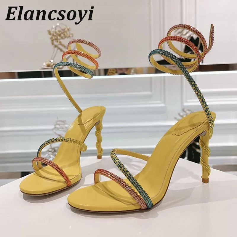 Sandalias de gladiador de tacón fino para mujer, zapatos de fiesta sinuosos con diamantes de imitación brillantes en forma de serpiente, Sandalias de tacón alto a la moda de verano